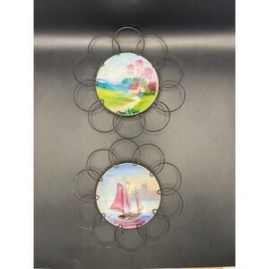 Vintage Japan Wall Decor Plates Metal Flower Frame Cottage Sailboat 7"‎ Diameter